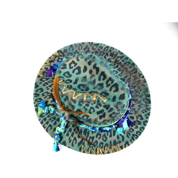 Leopard Print with Macaw and Pheasant Feathers Fedora Womens Western Hat Custom - Picture 2 of 7